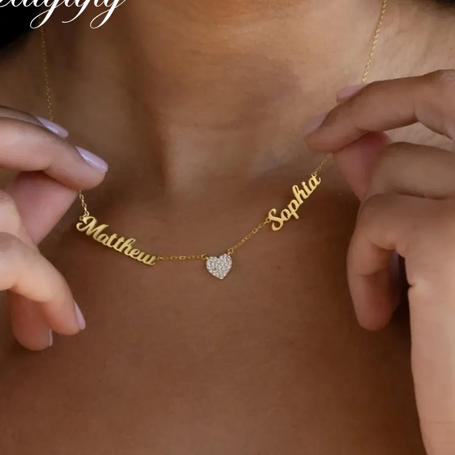 Authentic Haiyufly Custom Multiple Name Zircon Heart Necklace for Women Jewelry Choker Chain Mother Kids Personalized
