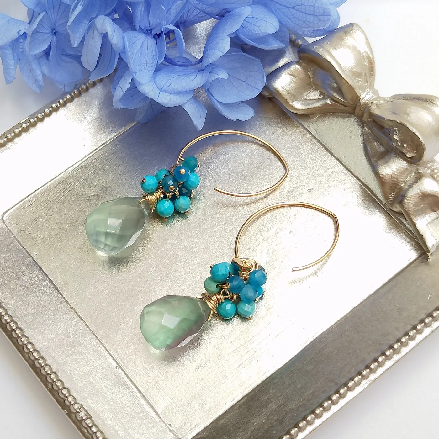 Authentic Lii Ji Green Fluorite Turquoise Apatite American 14K Gold Filled Handmade Earrings Gorgeous Dangle Fine Boho Jewelry