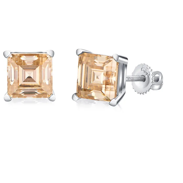 Authentic ATTAGEMS Silver 925 Earring Yellow Moissanite Screw Back Stud Square Stud Earrings For Women Princess Cut 5*5MM Jewelry 귀걸이