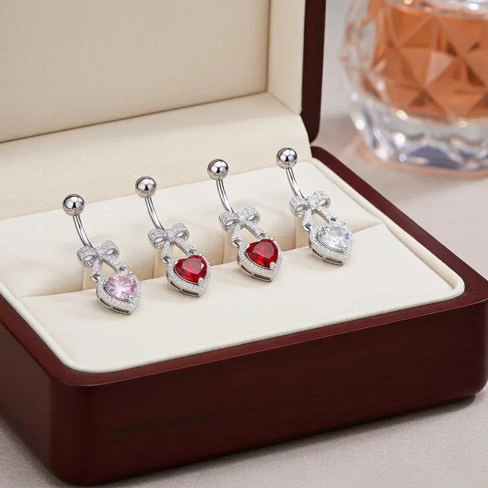 Authentic Hypoallergenic Belly Button Rings With CZ Heart Bow Design For Daily Wear Party Beach Piercing Jewelry