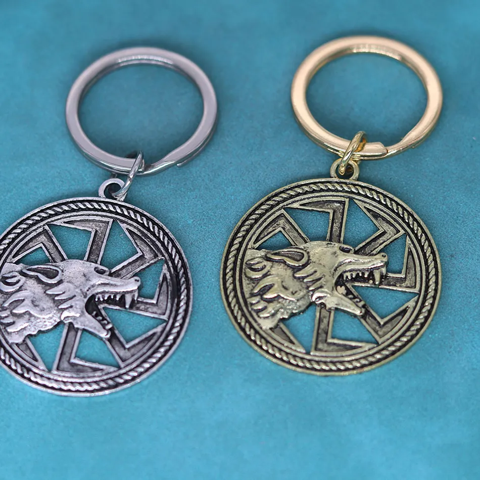 Authentic Harajuku Style Slavic Men Keychain Kolovrat Symbol Animal Wolf Head Pendant Key Chains For Women Viking Jewelry Amulet