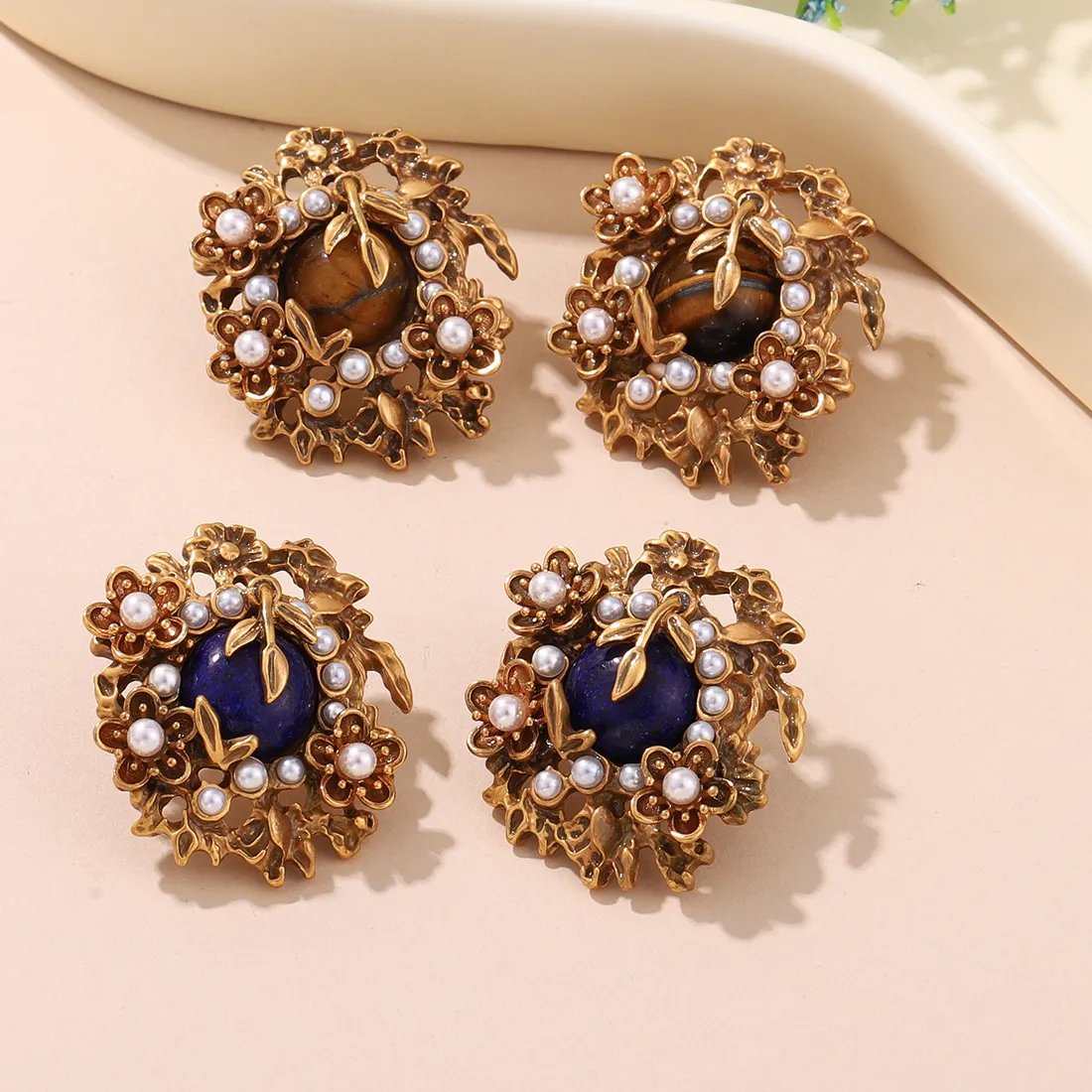 Authentic Bronze Flower Stud Earrings With Natural Tiger Eye Lapis Lazuli & Pearl Accents- Elegant Jewelry