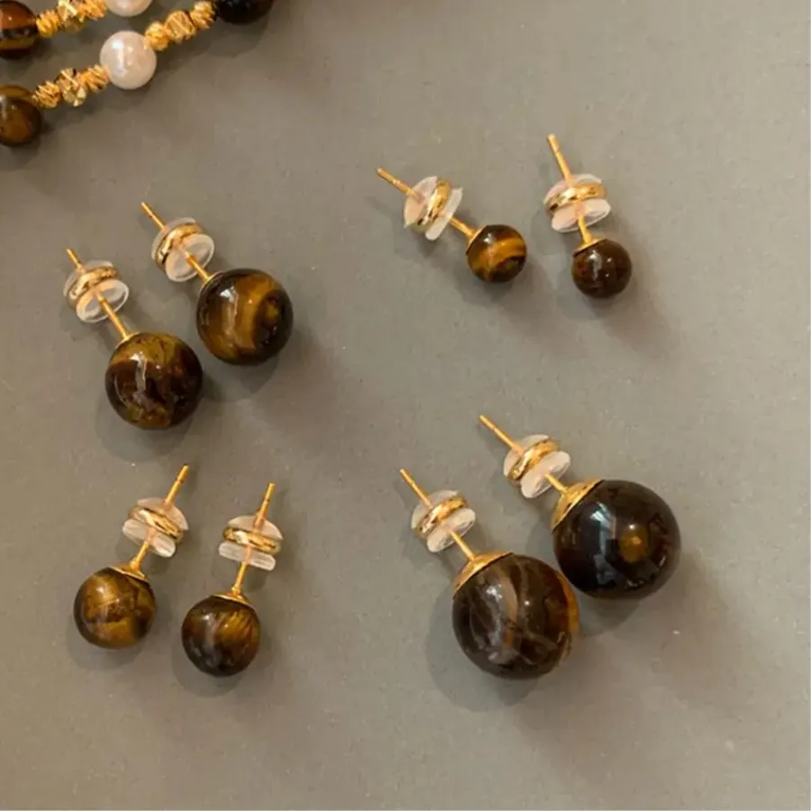 Authentic Natural Stone Merad Style Tiger Eye Stone Stud Earrings for Women Simple Retro Temperament Earring Daily Wear Jewelry Gifts