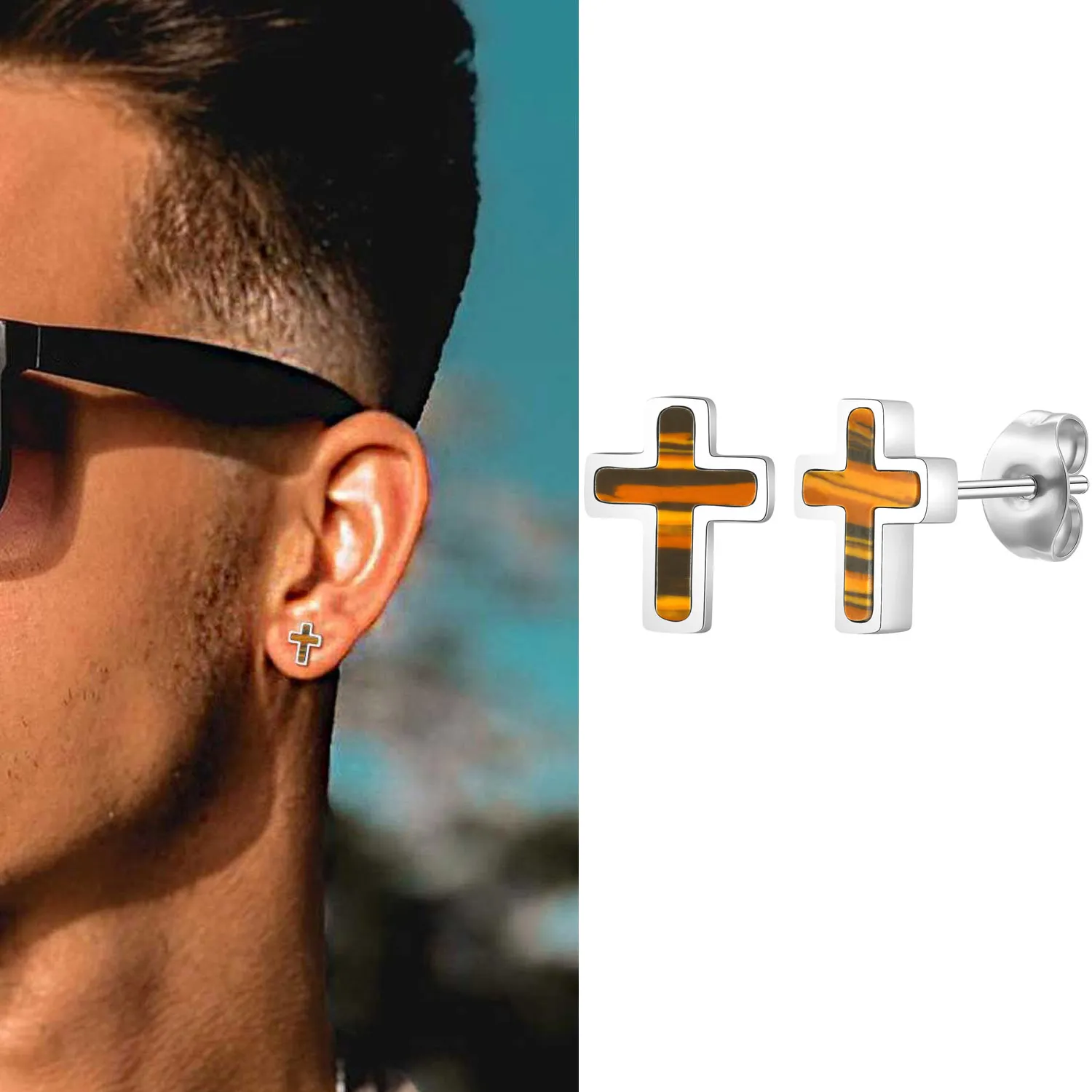 Authentic Stylish Cross Stud Earring for Men Boys,Natural Tiger Eye Stone Earring,Hip Hop Jewelry