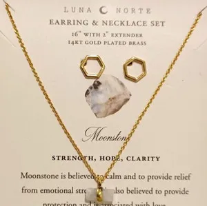 Authentic Luna Norte Necklace Stud Earrings Set Moonstone Pendant/Hexagon 14K Gold-Plated