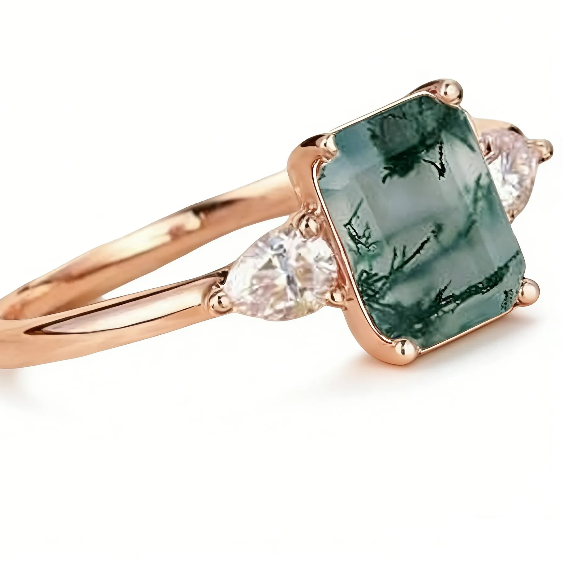Authentic 925 Sterling Silver Natural Green Moss Agate Blue Moonstone Black Rutilated Quartz Crystal Ring Daily Jewelry for Women