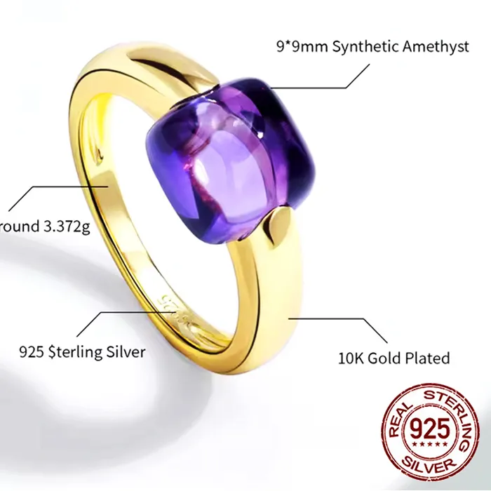 Authentic ALLNOEL 925 Sterling Silver 10K Gold Plated Colored crystal Square Ring For Women Luxury Inlaid Gemstone Party Jewelry