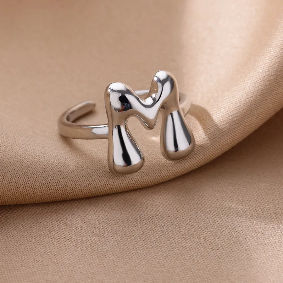 Authentic Sliver Color Bubble Letter Rings For Women Chunky Initial Ring Alphabet Aesthetic Jewelry Wedding