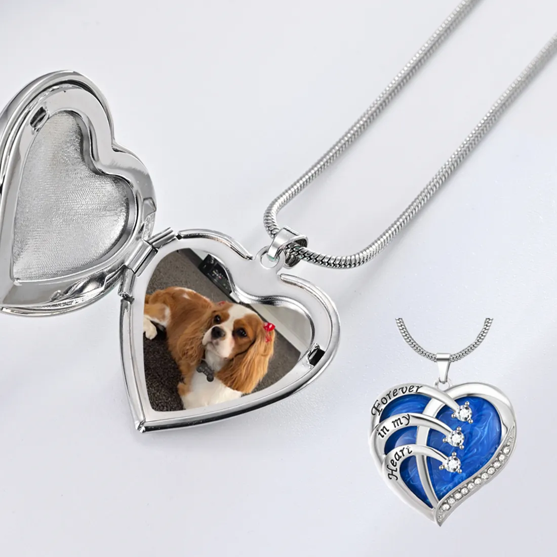 Authentic Custom Photo Blue Crystal Heart Memorial Pendant Necklace for Women Forever In My Heart Jewelry Personalized