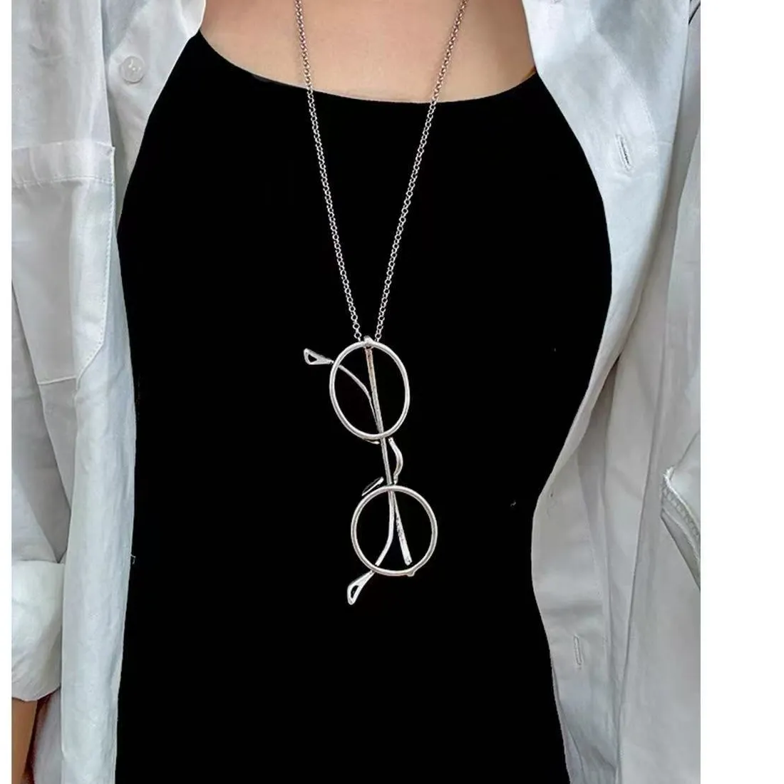 Authentic 2026 Vintage Retro Small Eyeglasses Pendant Light Luxury Long Necklace for Women