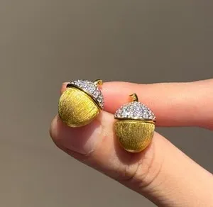 Authentic Chinese Acorn Shape Stud Earrings Gold Plated Rhinestone Womens