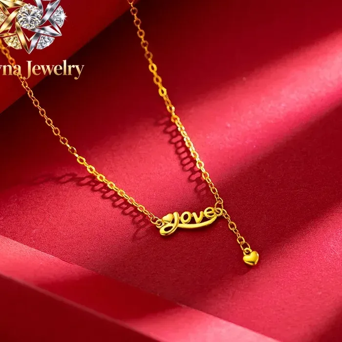 Authentic Pryna Jewelry 9999 24K Real Yellow Gold Sweet 'Love' Necklace For Collarbone Enhancement