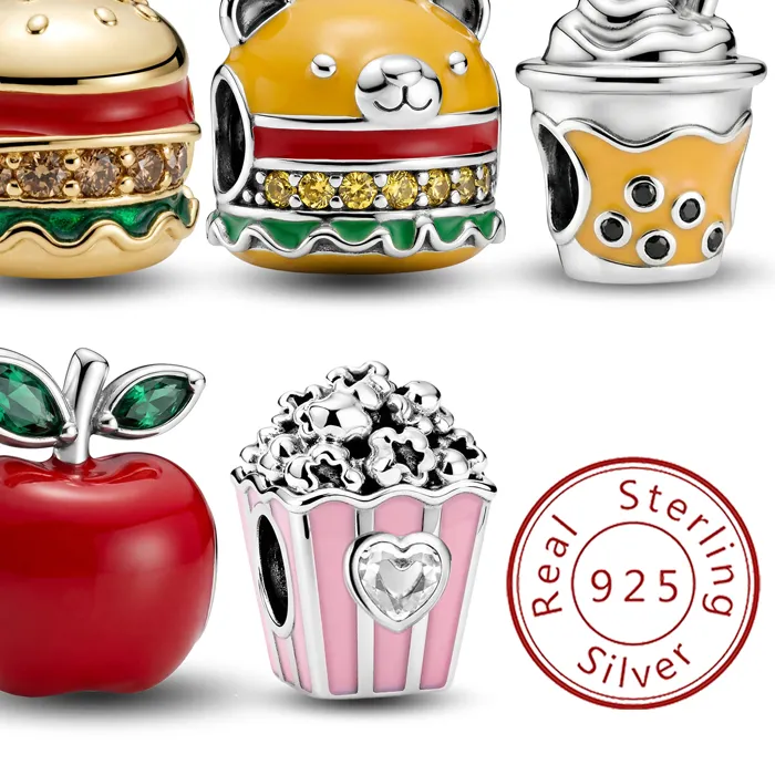 Authentic 925 Sterling Silver Popcorn Personalized Burger Apple Charms Beads Fit Original Pan Bracelets Bangles Fine Jewelry