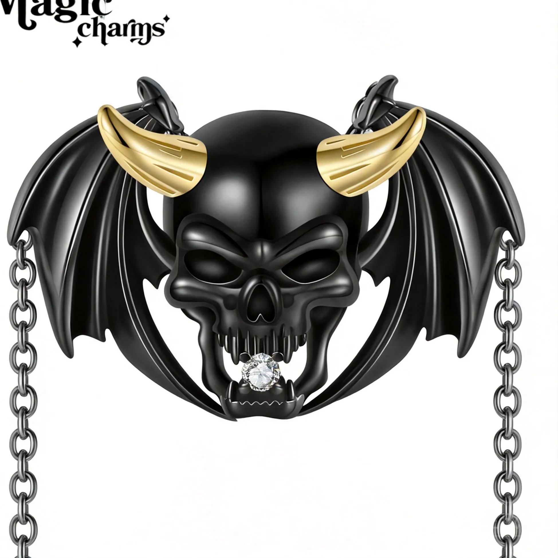 Authentic S925 Sterling Silver Black Plated Demon Skull Pendant Necklace Golden Horn Bat Wing Cubic Zirconia Dark Gothic Punk Lucky Jewelr
