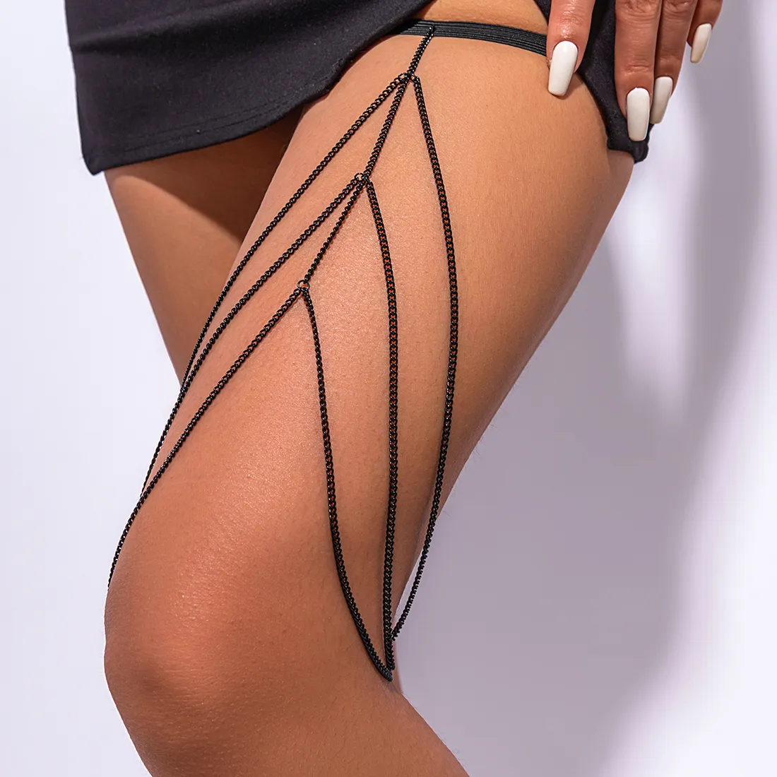 Authentic IngeSight.Z Gothic Multilayer Tassel Beads Leg Thigh Chain Women Sexy Black Elastic Band Adjustable Harajuku Body Jewelry