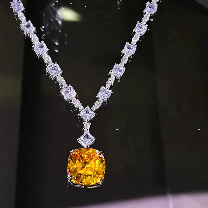 Authentic High-quality Luxurious Jewelry - Zircon and Yellow Diamonds. Wedding Accessory Necklace. Jewelry for the Bride's Wedding Dress.