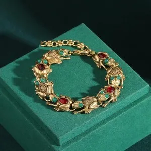 Authentic Vintage Charm Bracelet Adjustable Frog Natural Stone Eye 18k Gold Plated Elegant