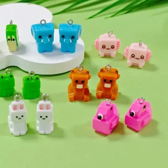 Authentic 10Pcs Cute Building Block Animal Resin Charms Salamander Cow Frog Flamingo Rabbit Pendants DIY Earring Jewelry Making Accessorie