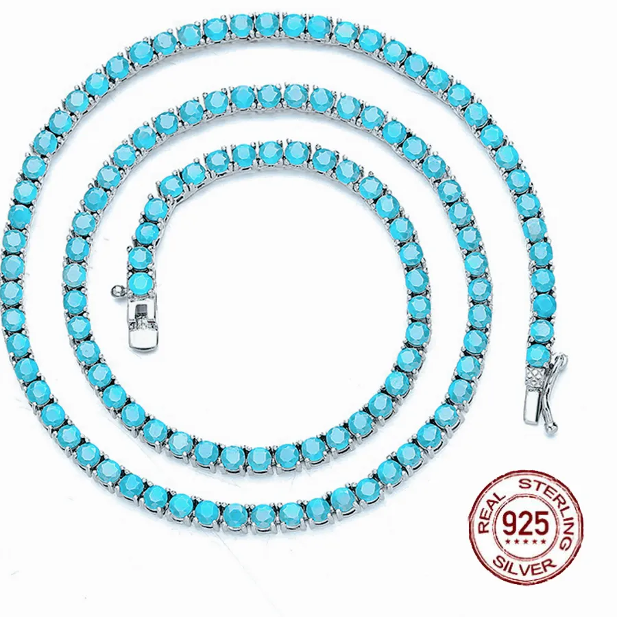 Authentic 16-24 Inch (41-60cm) 100% Guarantee Real 925 Sterling Silver Tennis Chain Necklace 3mm Turquoise Blue Stone Fine Jewelry Choker