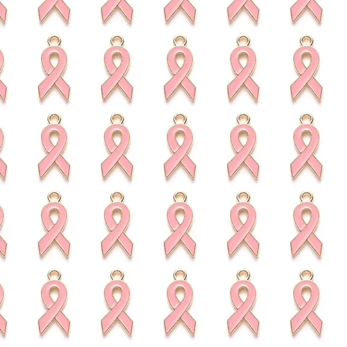 Authentic 20 Pc Enamel Pendants Cadmium Free & Lead Free Awareness Ribbon Shape Light Gold Plated Pink 20X10X2Mm Hole 2Mm