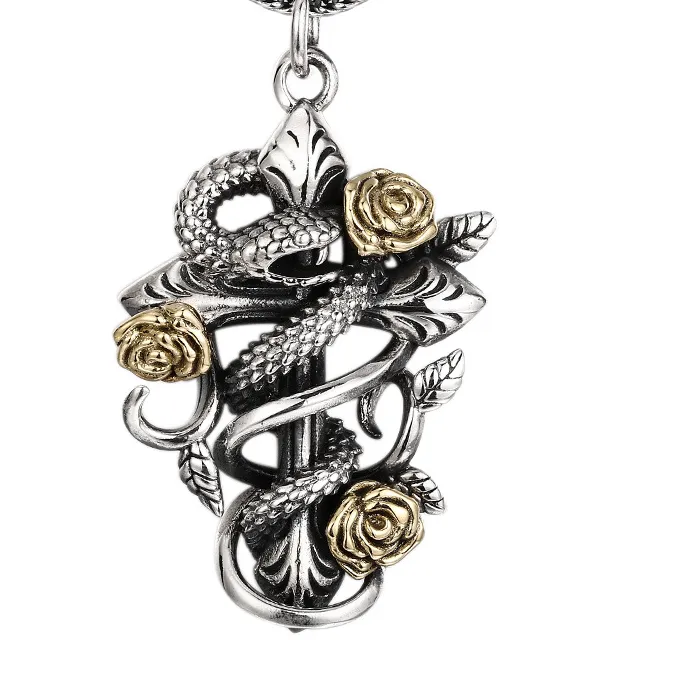 Authentic 925 Sterling Silver Vintage Cross Pendant - Entwined Snake and Rose Design Thai Silver Antique Finish Gothic Jewelry Free Ship