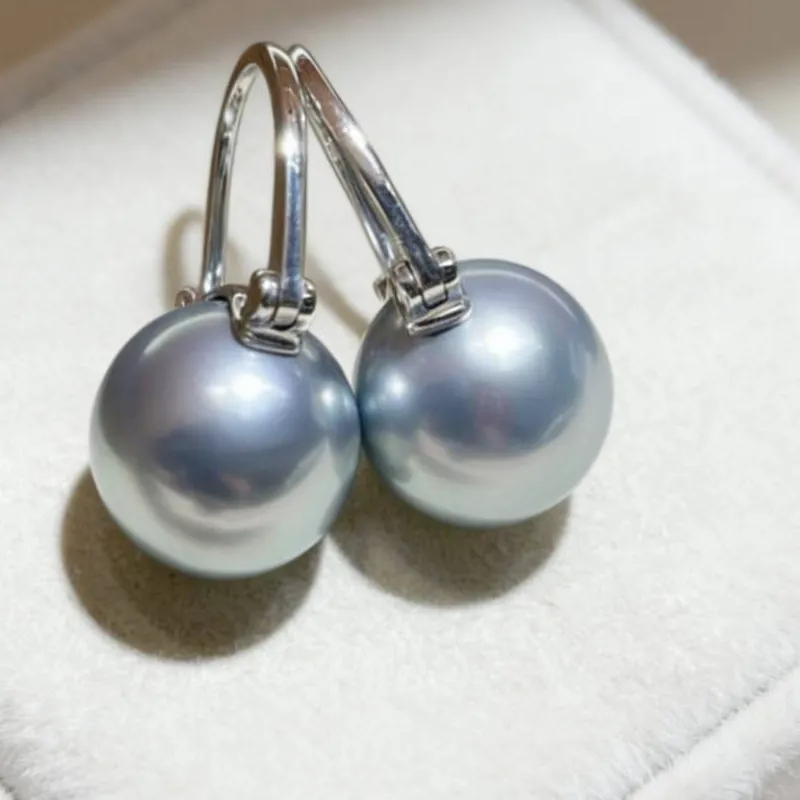 Authentic Minimalist Grey Faux Pearl Leverback Dangle Earrings Silver Tone Round Pearl Drop Earrings Classic Elegant Jewelry