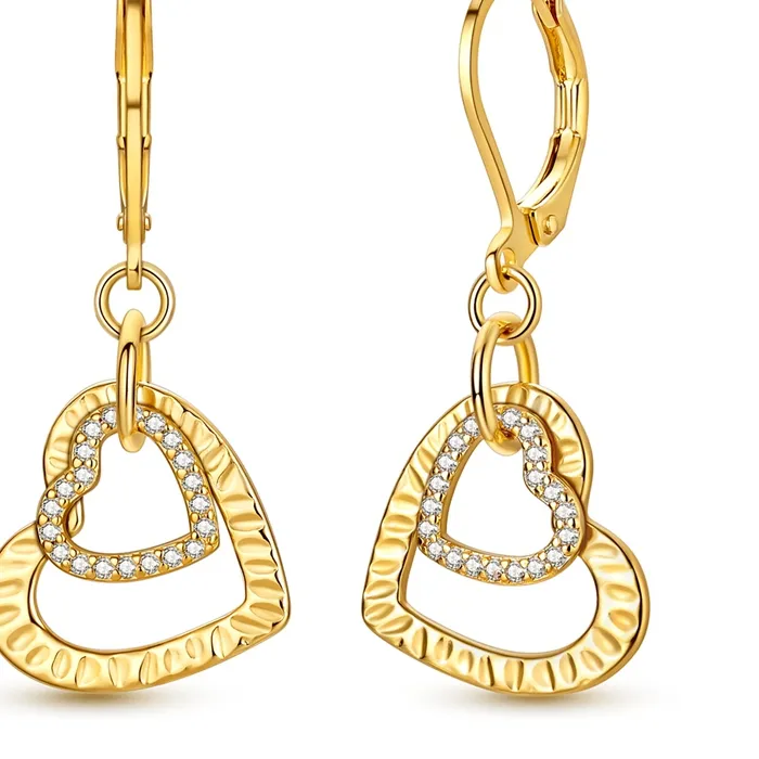 Authentic 925 Sterling Silver Double Heart Dangle Leverback Earrings Hammered Texture Hollow Heart Drop Earrings Jewelry