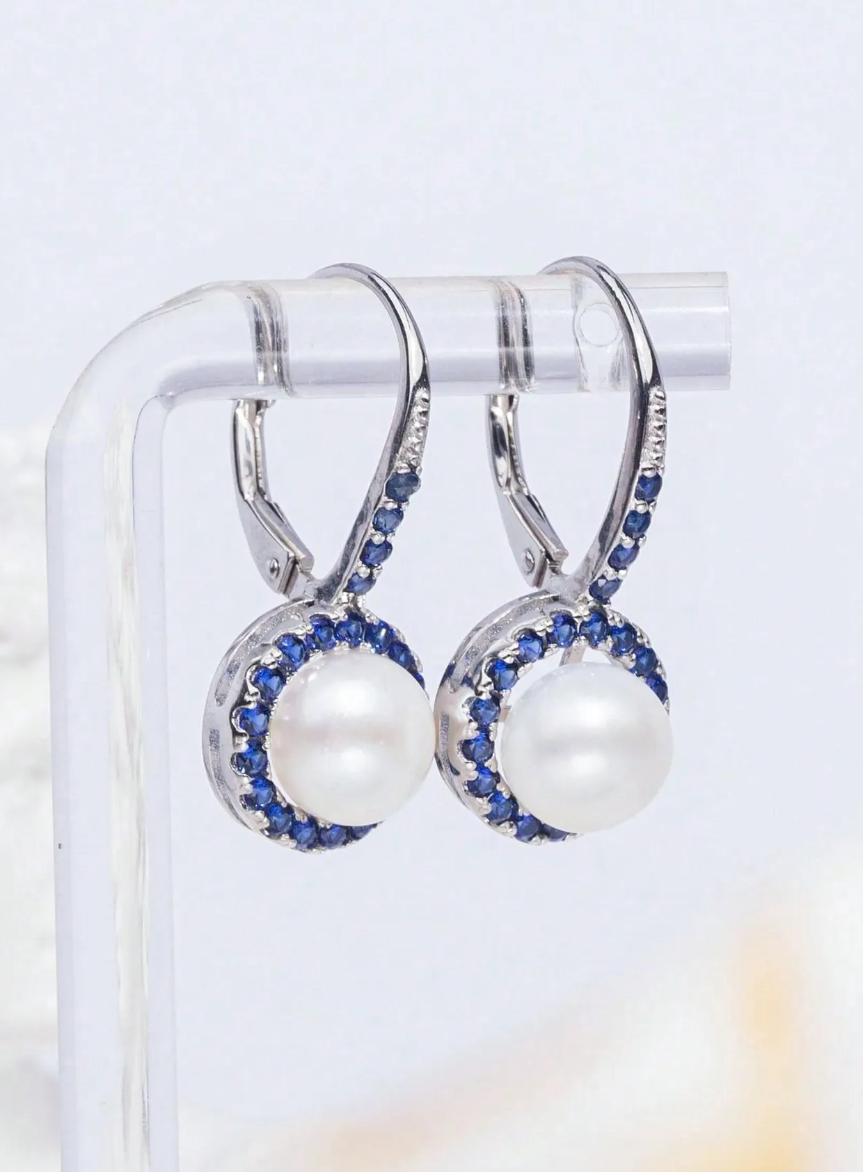 Authentic 925 Sterling Silver Natural Freshwater Cultured Pearl Sapphire Leverback Earrings Elegant Fine Jewelry