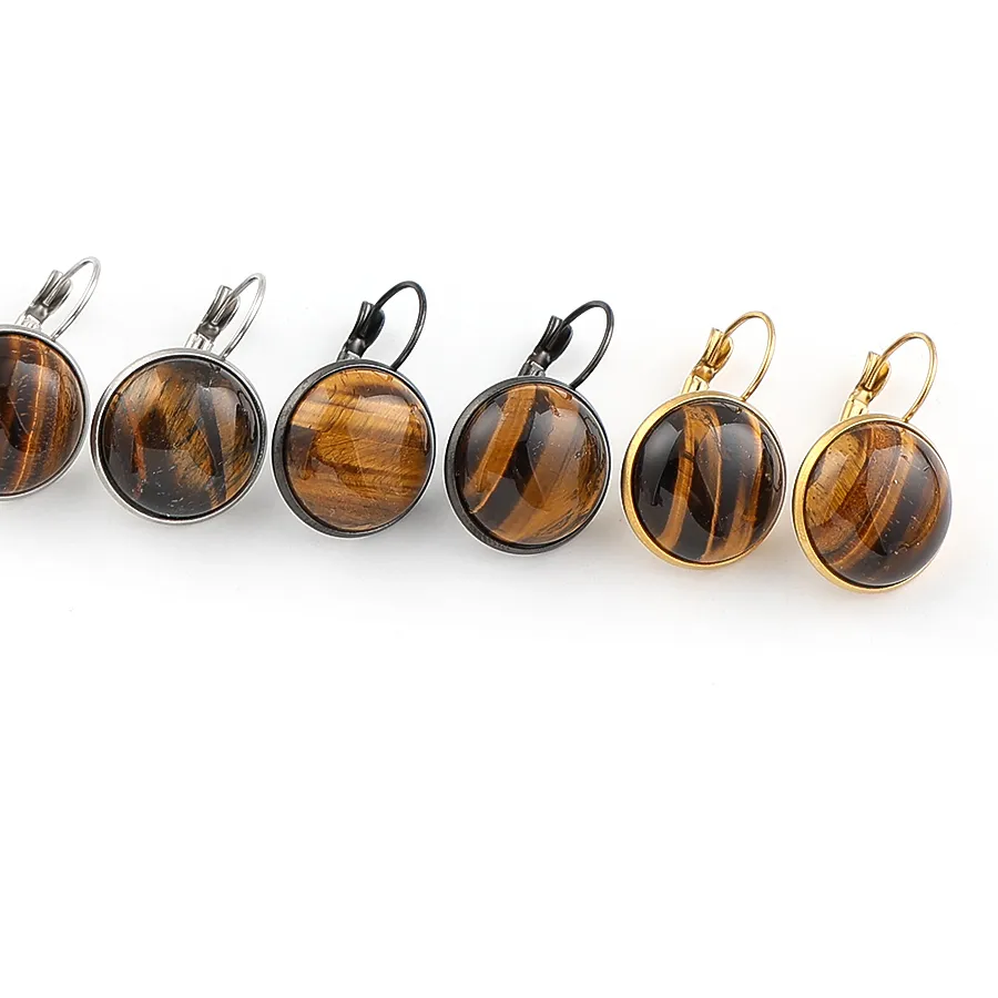 Authentic Round Natural Tiger Eye Stone Leverback Earrings Silver Color Hoop Earring Healing Jewelry