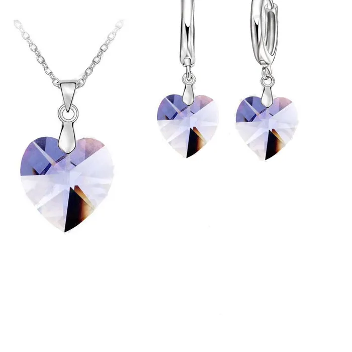 Authentic One Austrian Crystal 925 Sterling Silver Jewelry Heart Pendant Necklaces Lever Back Earrings Woman Accessories