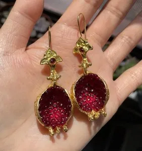 Authentic Gold Plated Pomegranate Drop Earrings Red Seed Statement