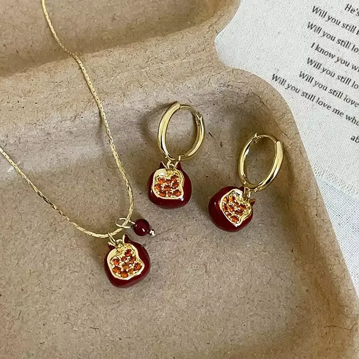 Authentic Red Pomegranate Pendant Necklaces Earrings for Women Sweet Gold Color Fruit Clavicle Chain Necklaces Party Jewelry Gifts