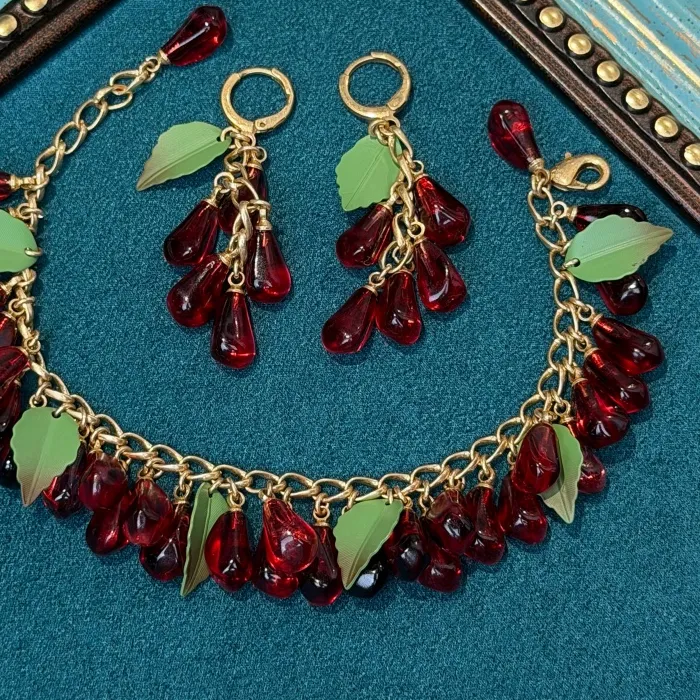 Authentic Vintage Red Glazed Pomegranate Tassel Jewelry Sets Gold Color Drop Earrings Bracelet Luxury Classic High Quality 2026