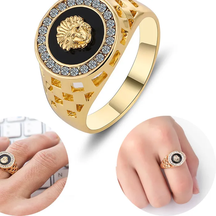 Authentic Punk Men Lion Head Rings Crystal Enamel Ring for Women Gold Hollow Finger Rings Vintage Hip Hop Rock Party Brand Jewelry