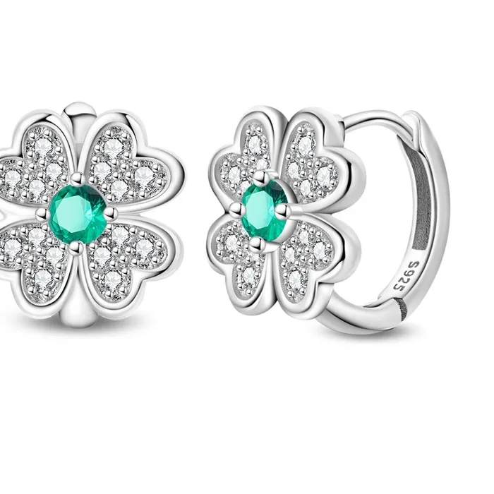 Authentic 925 Sterling Silver Four Leaf Clover Hoop Earrings For Women Shining CZ Zircon Earrings Fine Anniversary Jewelry Gifts
