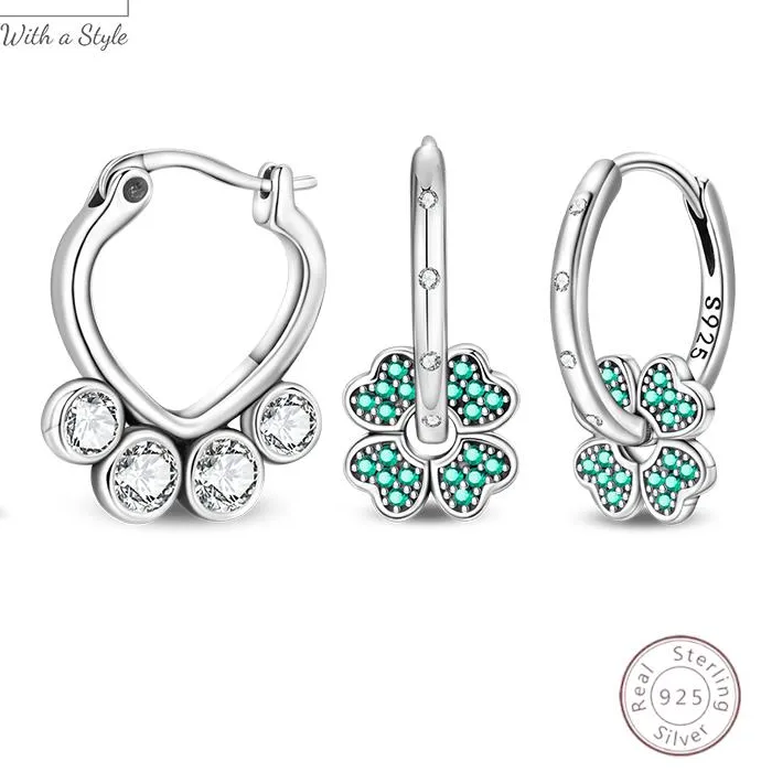 Authentic Brand 925 Sterling Silver Hoop Earrings Four Leaf Clover Crystal Zircon Women Girls Jewelry