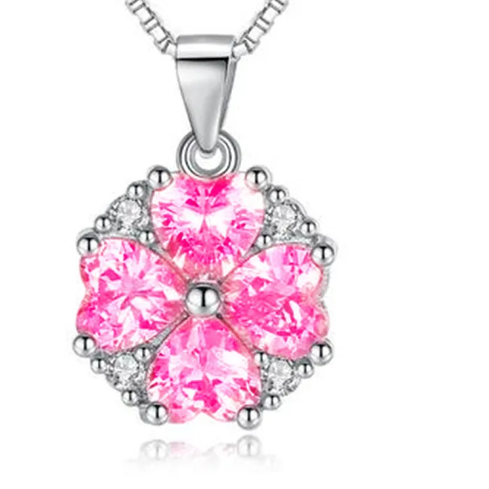 Authentic LAILIY925 Sterling Silver Pink Diamond Lucky Heart Shaped Four Leaf Clover Pendant Necklace for Women Jewelry