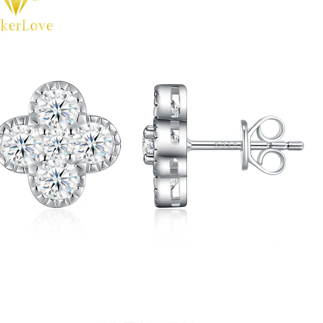 Authentic LinkerLove S925 Sterling Silver Four Leaf Clover Moissanite Stud Earrings for Women White Gold Plated Wedding Fine Jewelry