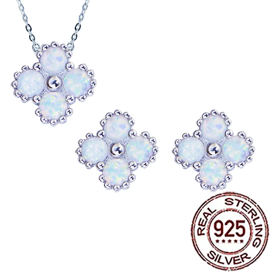 Authentic QooLady 925 Sterling Silver Four Leaf Clover Synthetic Opal Pendant Necklace Lucky Stud Earrings for Wedding jewelry Set ST107