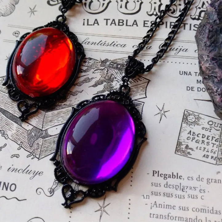 Authentic Gothic Stardust Crystal Cameo Necklace Red Purple Crystal Pendant Necklace Vintage Satan Demon Halloween Jewelry for Women Girls