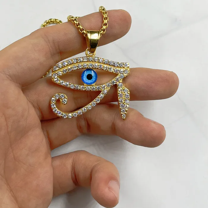 Authentic Gold Color Blue Eye Of Horus Pendant With Zircon Jewelry Hip Hop Gold Color Pendant Necklace Chain