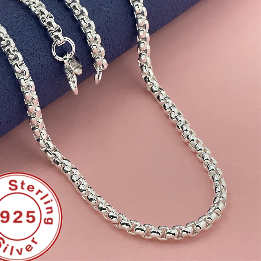 Authentic 925 Sterling Silver 4MM Round Box Necklace 8/20/22/24 Inch Necklace Suitable for Men and Women Wedding Engagement Jewelr