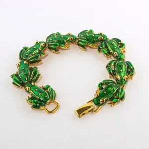 Authentic R J Graziano Vtg Green Enamel Frog Link Bracelet Gold Plated Statement Piece
