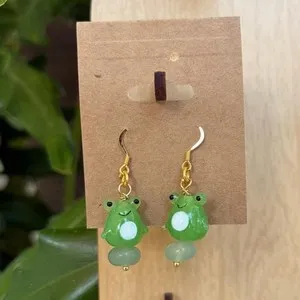 Authentic 🐸 Cute Glass Frog Dangle Earrings Handmade 18K Gold Plated