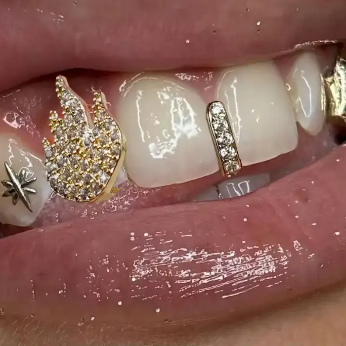 Authentic 2Pcs Hip Hop Grillz- Base with Sparkling Synthetic Zirconia Stones, Full Coverage Jewelry for Cool for Rappers