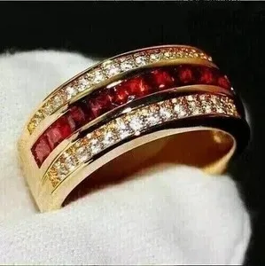 Authentic Crimson Heart: 14k Gold‑Plated Princess‑Cut Red Garnet Wedding Band