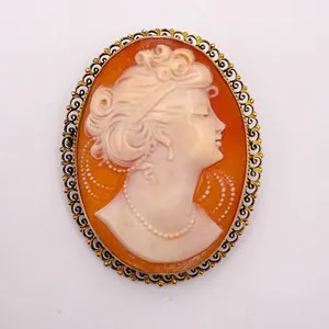Authentic Vintage Italian Peach Shell Carved Cameo Pendant or Brooch in Gold Plated Silver