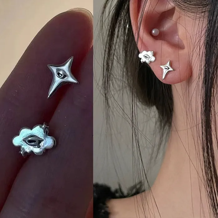 Authentic Classic Asymmetry Cloud Star Stud Earrings for Women Girls Y2K Silver Color Metal Ear Jewelry Punk Small Accessories