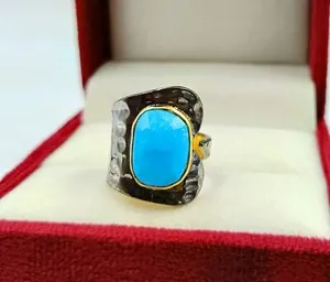 Authentic Natural Turquoise Black Rhodium With Gold Plated, 925 Sterling Silver Ring