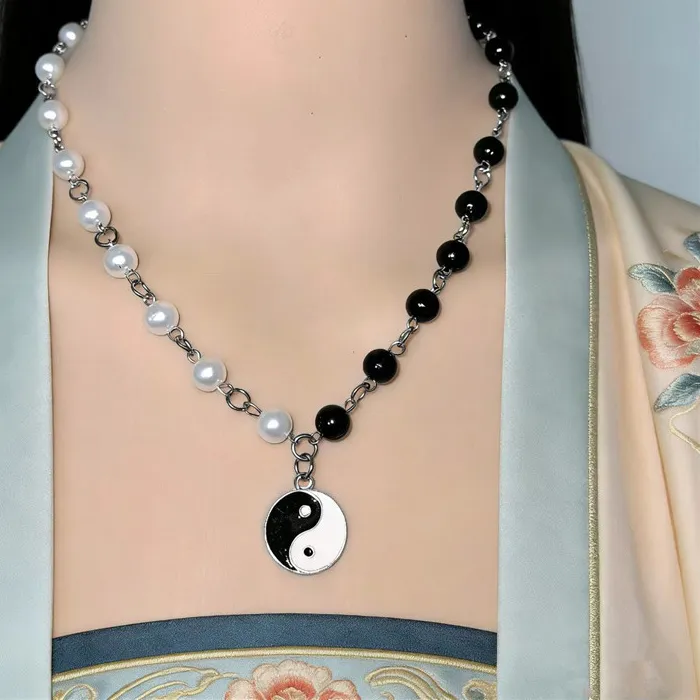 Authentic Handmade Beaded Chinese Style Necklaces Imitation Pearl Prayer Beads Yin-Yang Tai Chi Pendant Necklace for Women and Men